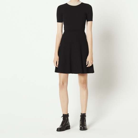 Sandro Paris Beaded Jeweled Short Sleeve Ribbed Dress